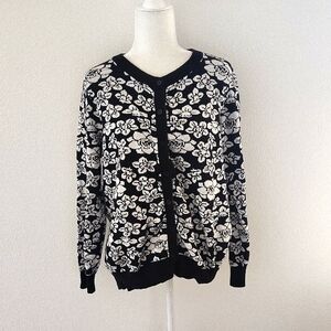 Woman Within Black and White Cardigan Sweater with Baroque  Design Size Large